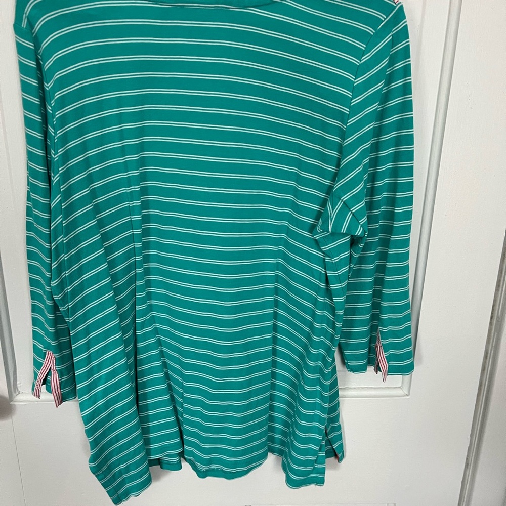 Rafaella Teal and White Striped Long Sleeve Knit Top with Red Trim - Picture 4 of 5